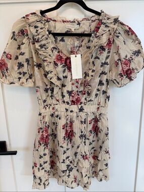 LoveShackFancy Cream Floral Top with Rose and Charcoal Accents